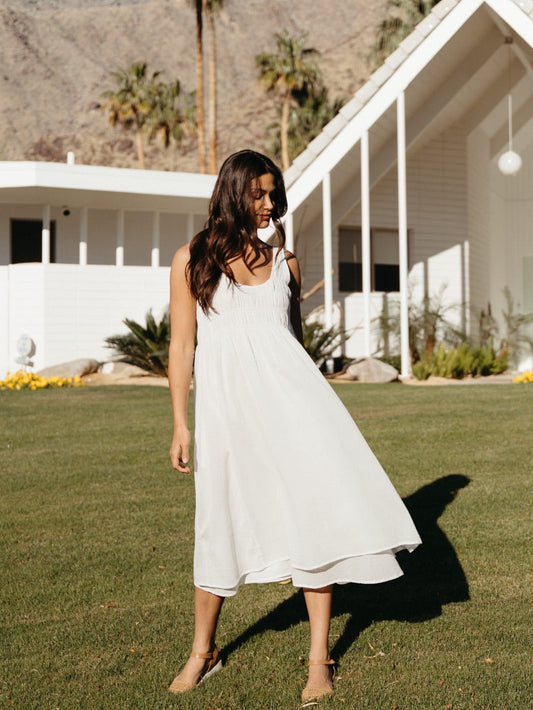 Model wearing Del Monte Midi Cotton Dress Coconut