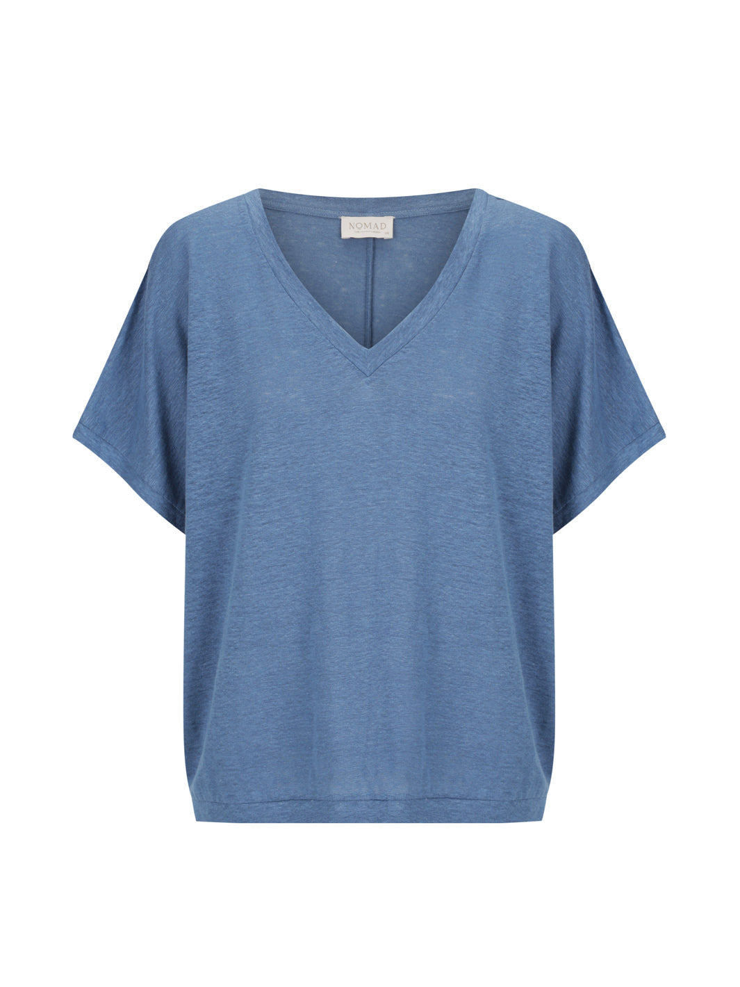 Blue t-shirt with a V-neck on a white background