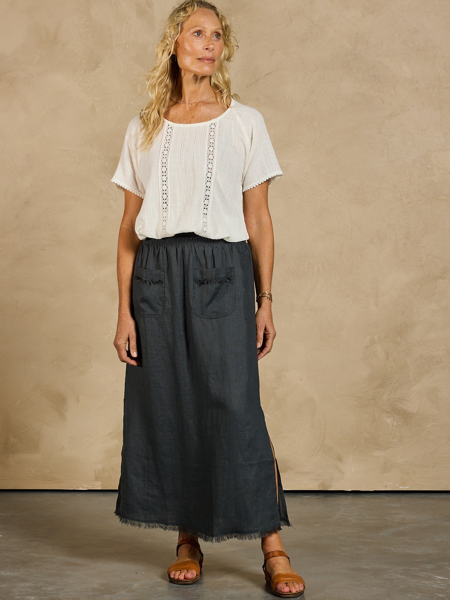 Women wearing Aurora French Linen Skirt Charcoal