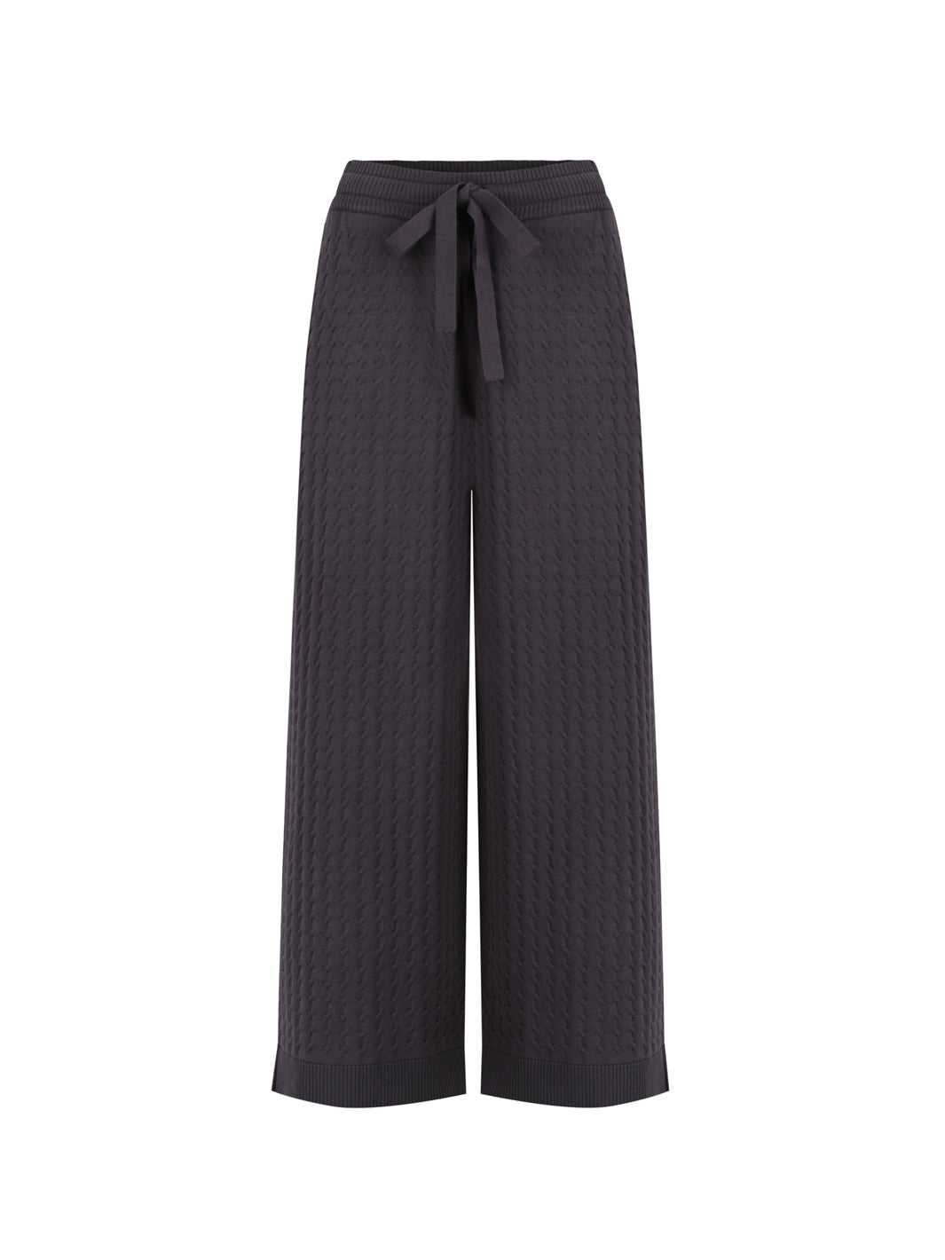 Dark gray wide-leg pants with a tie waist on a white background