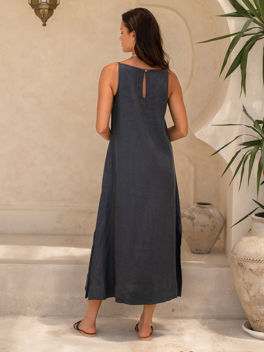 Model wears Peony Linen Dress in Charcoal