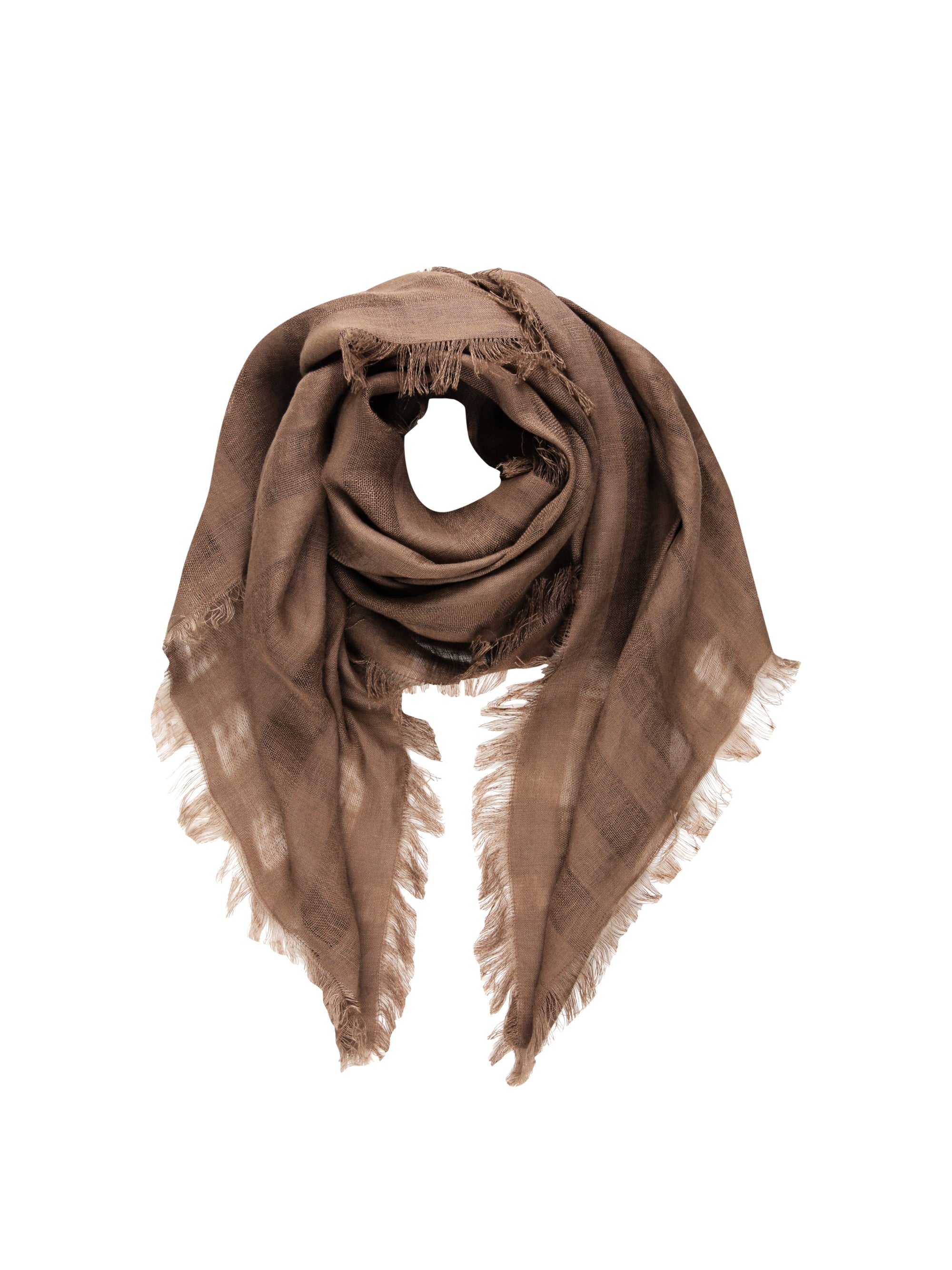 Brown scarf with frayed edges on a white background
