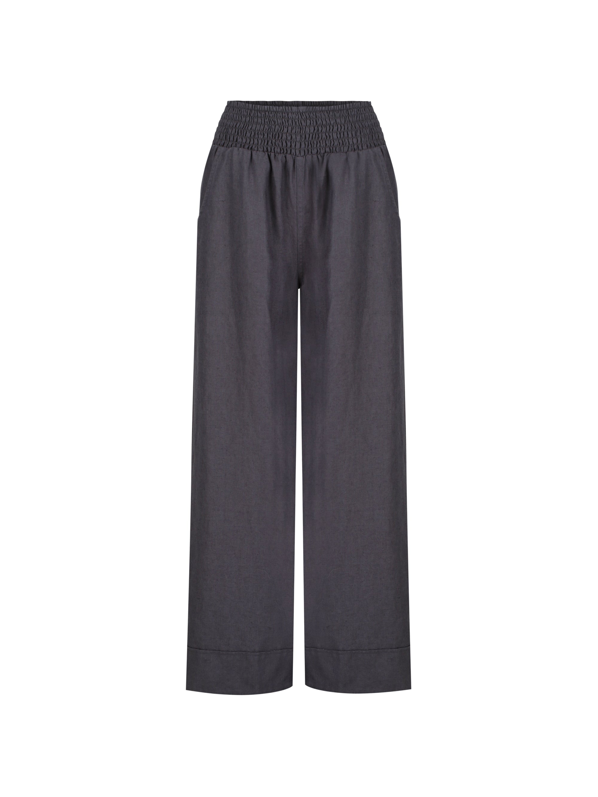 Dark wide-leg pants on a white background