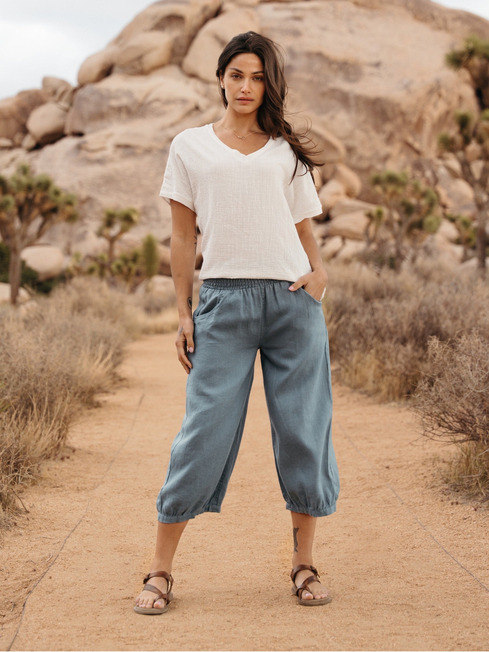 Marrakech French Linen Cropped Trousers Tahiti Blue