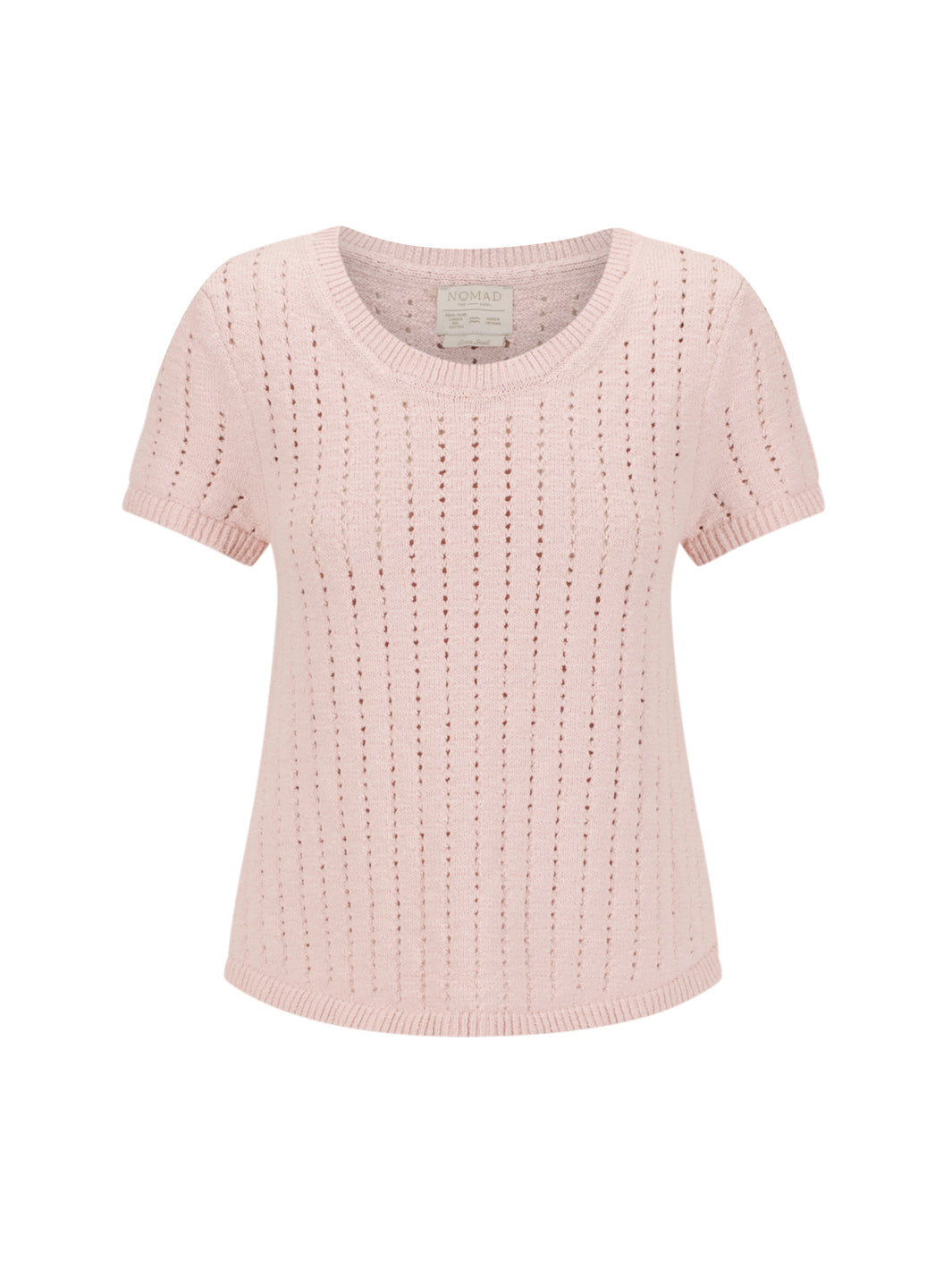 Agni Cotton Linen Knit Top in rosewater shown flat, with fine pointelle stitching, ribbed neckline and short sleeves.
