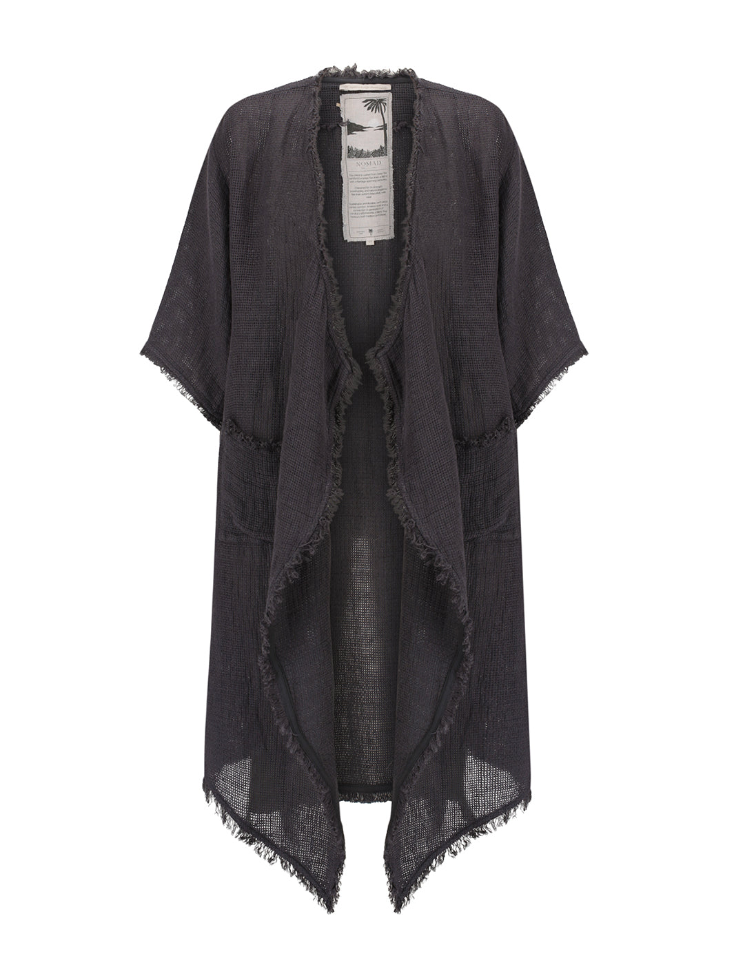 Laguna French Linen Kimono in charcoal shown flat, with open front, fringed edges and patch pockets.