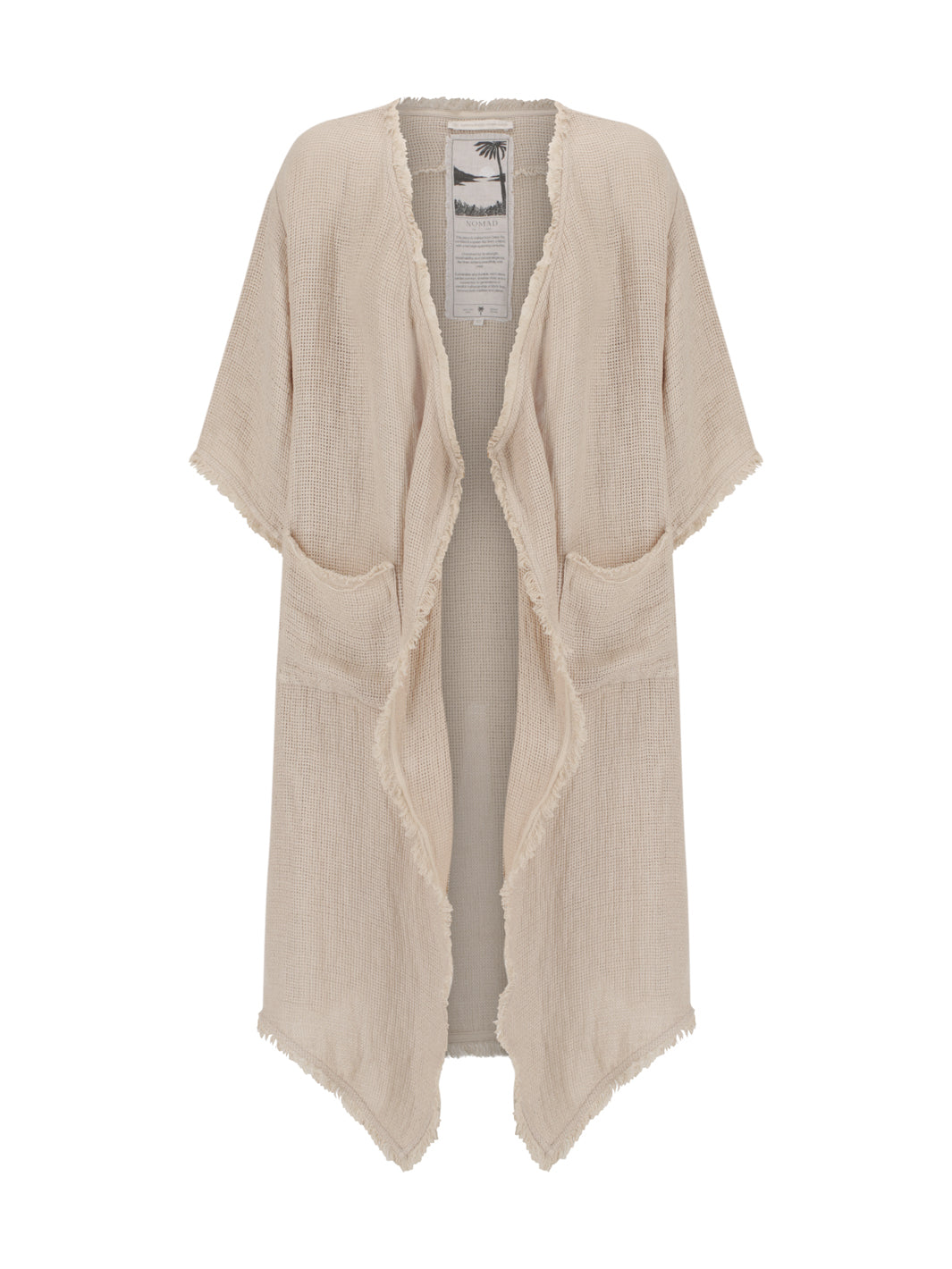Laguna French Linen Kimono in natural shown flat, with open front, fringed edges and patch pockets.