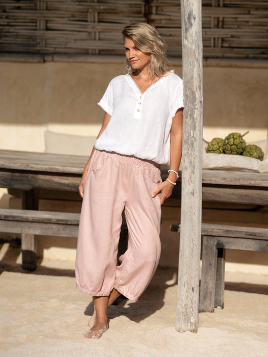 Marrakech French Linen Cropped Trousers Dusty Pink