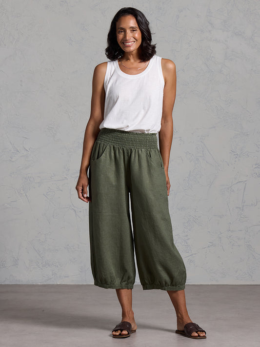 Marrakech French Linen Cropped Trousers Olive