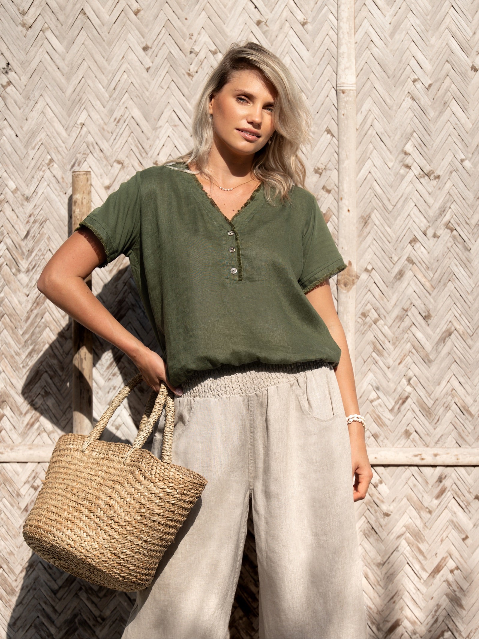 Vivre French Linen and Cotton Blouse Olive