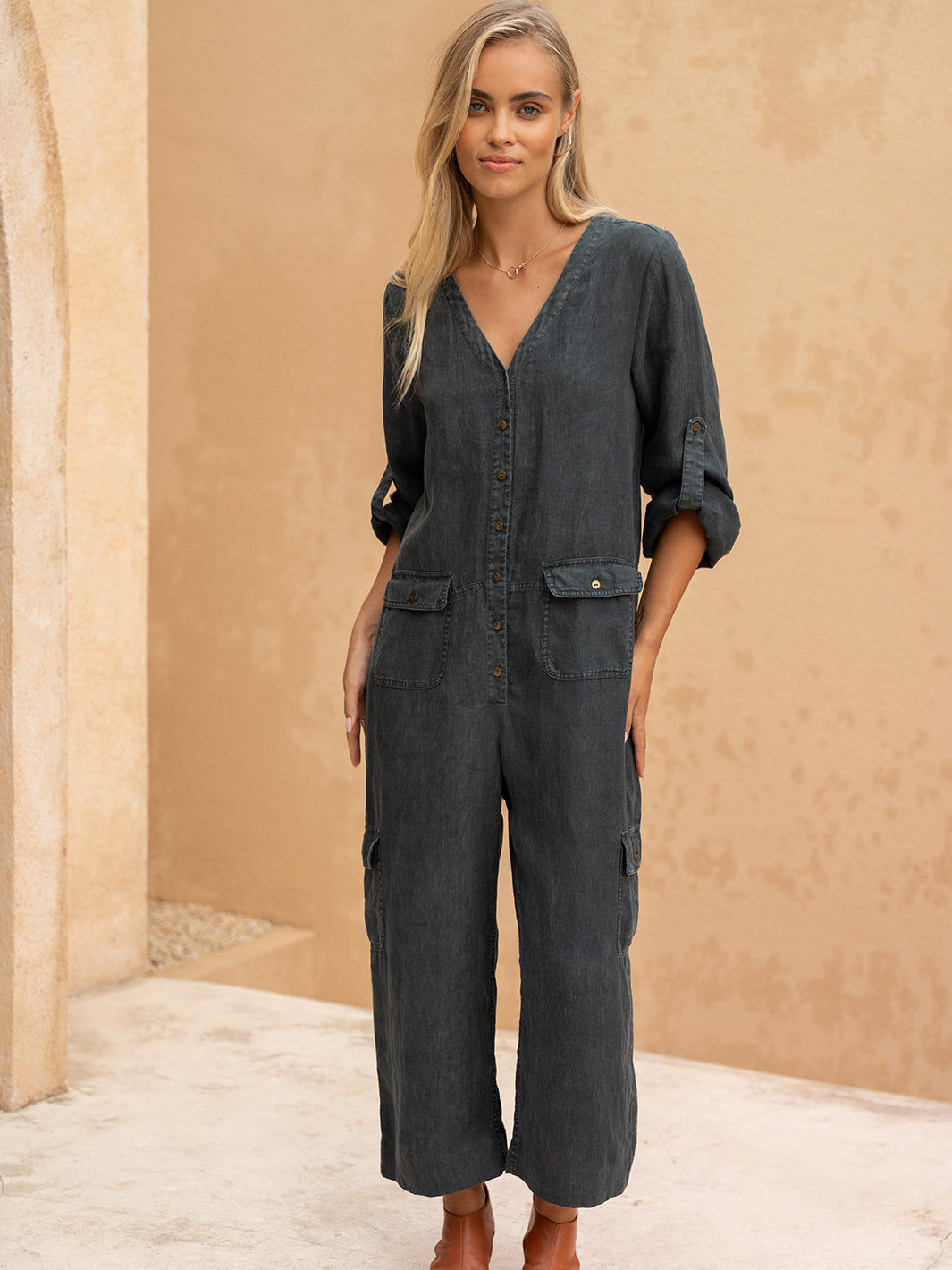 Mara Linen Jumpsuit Charcoal