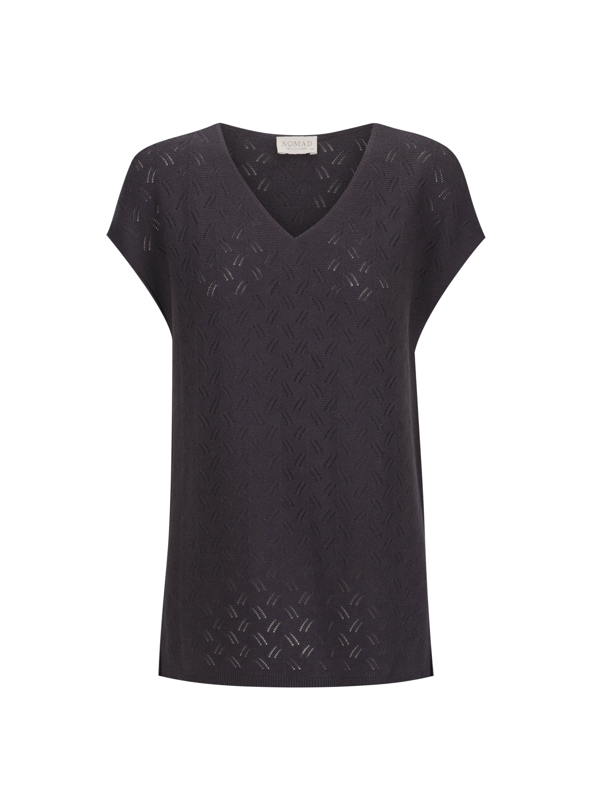 Black sleeveless top with a subtle pattern on a white background