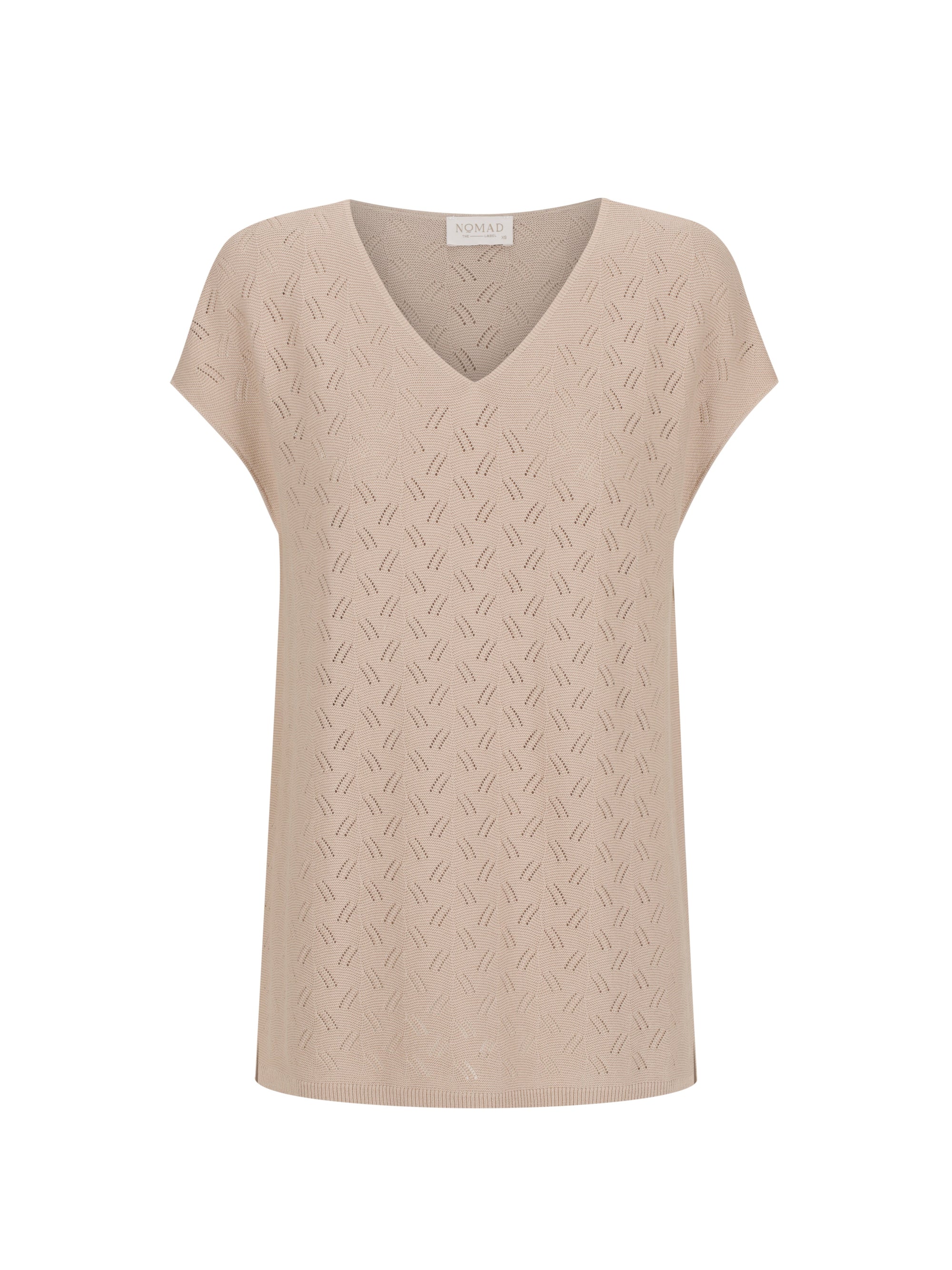 Beige sleeveless knitted top on a white background