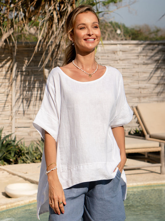 Model wears Costa French Linen and Cotton Top in White