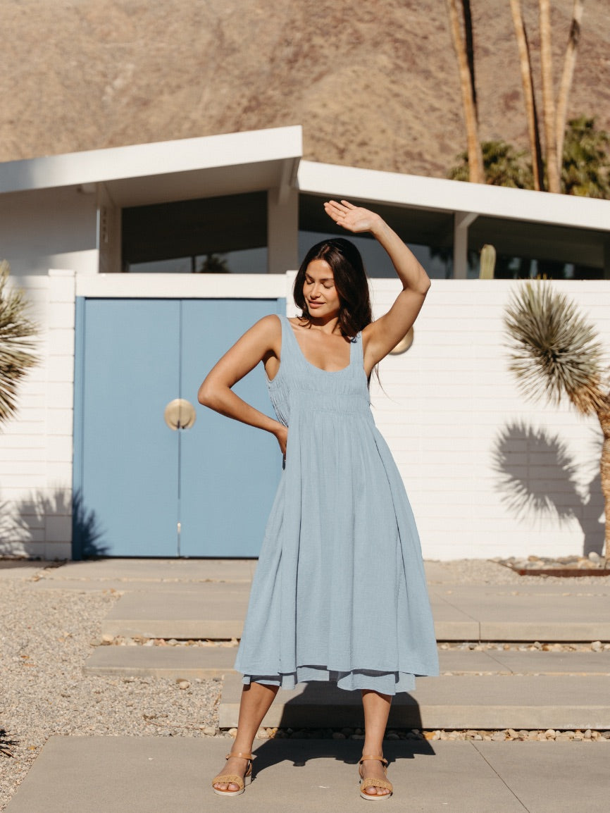 Model wearing Del Monte Midi Cotton Dress Slate Blue