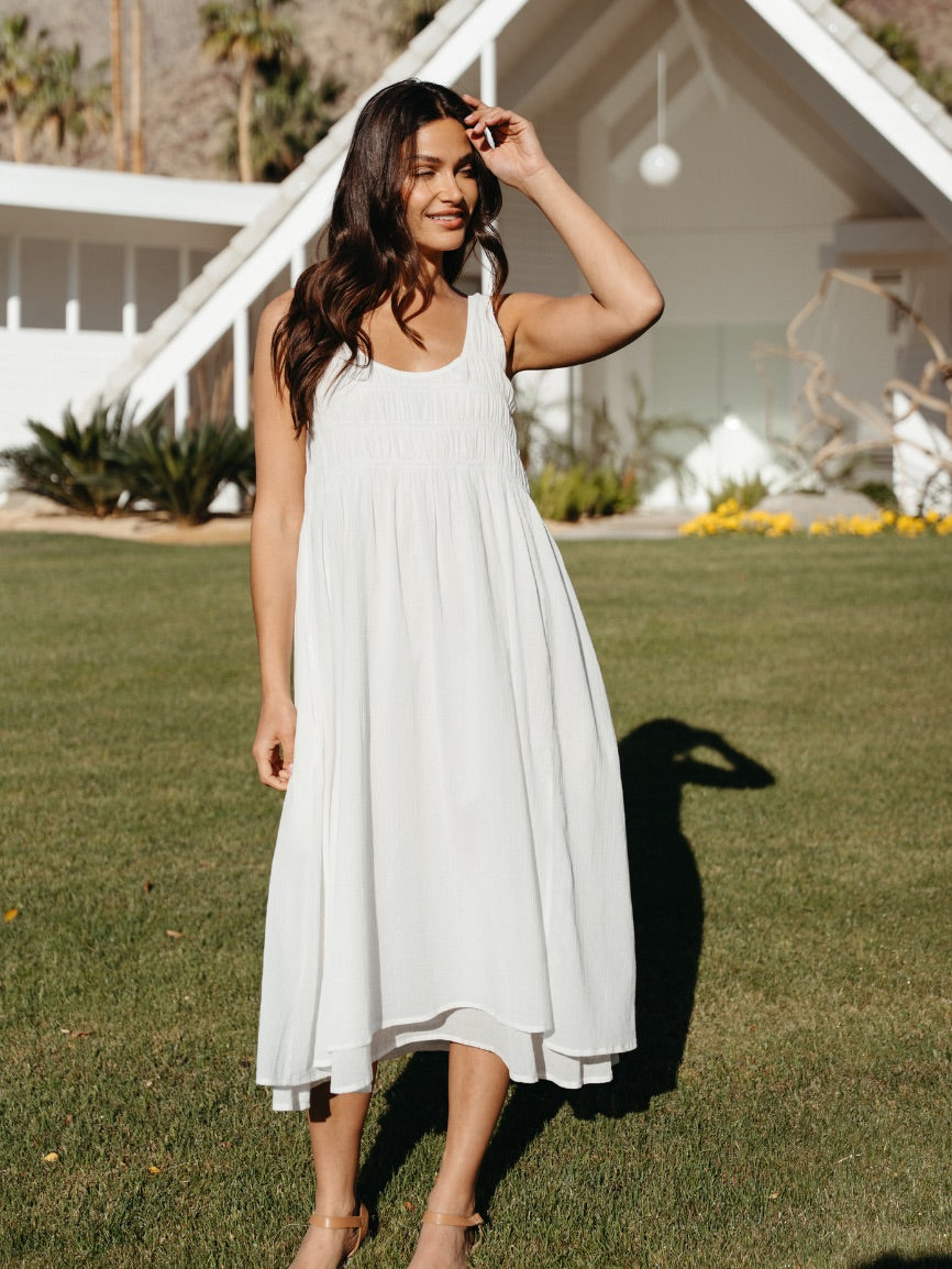 Model wearing Del Monte Midi Cotton Dress Coconut