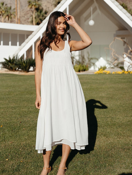Model wearing Del Monte Midi Cotton Dress Coconut
