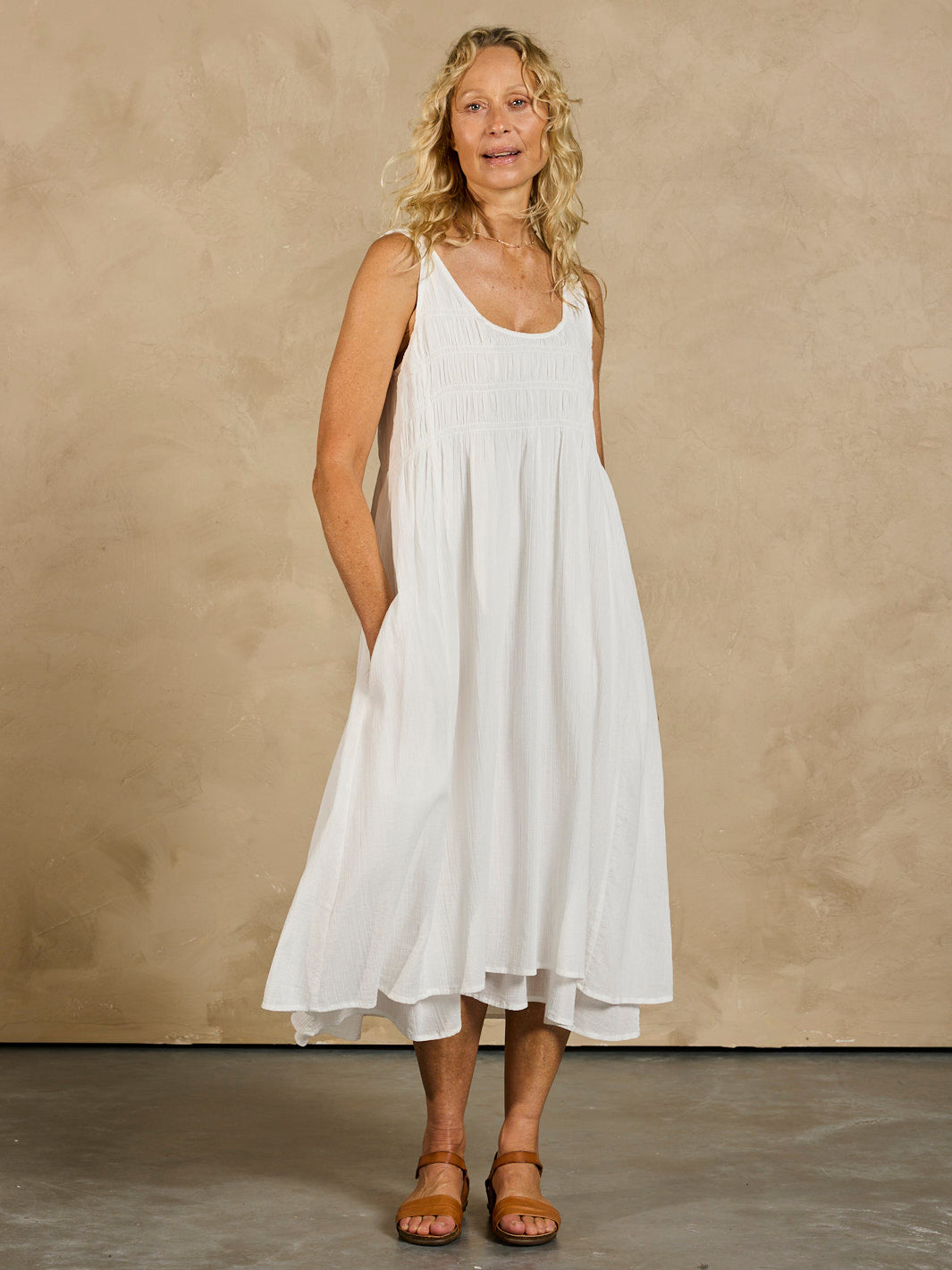 Model wearing Del Monte Midi Cotton Dress Coconut