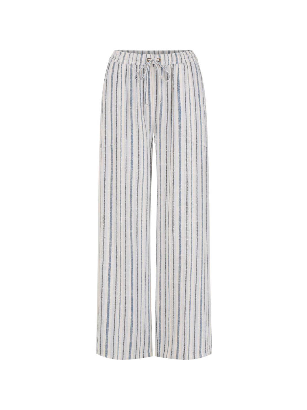 Jolie Linen Blend Trousers in coastal blue shown flat, with drawstring waist, front pockets and wide leg cut.