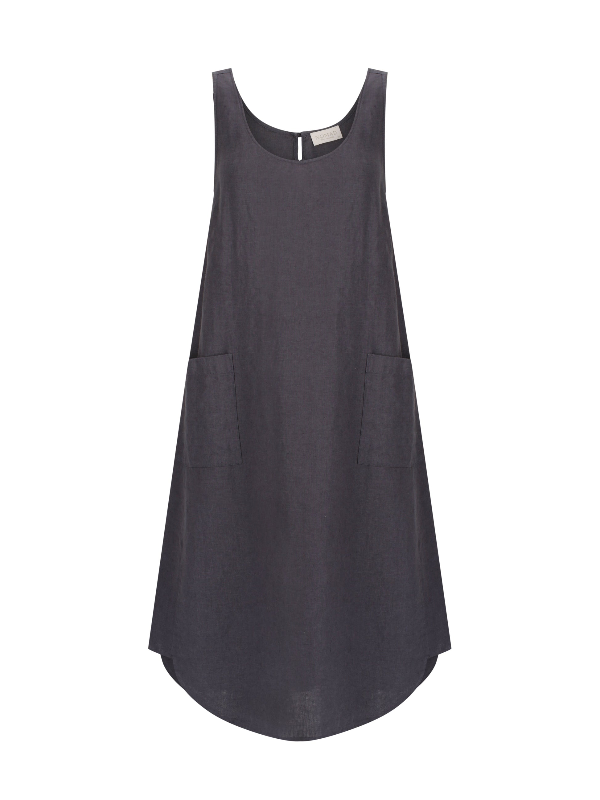 Dark sleeveless dress with pockets on a white background