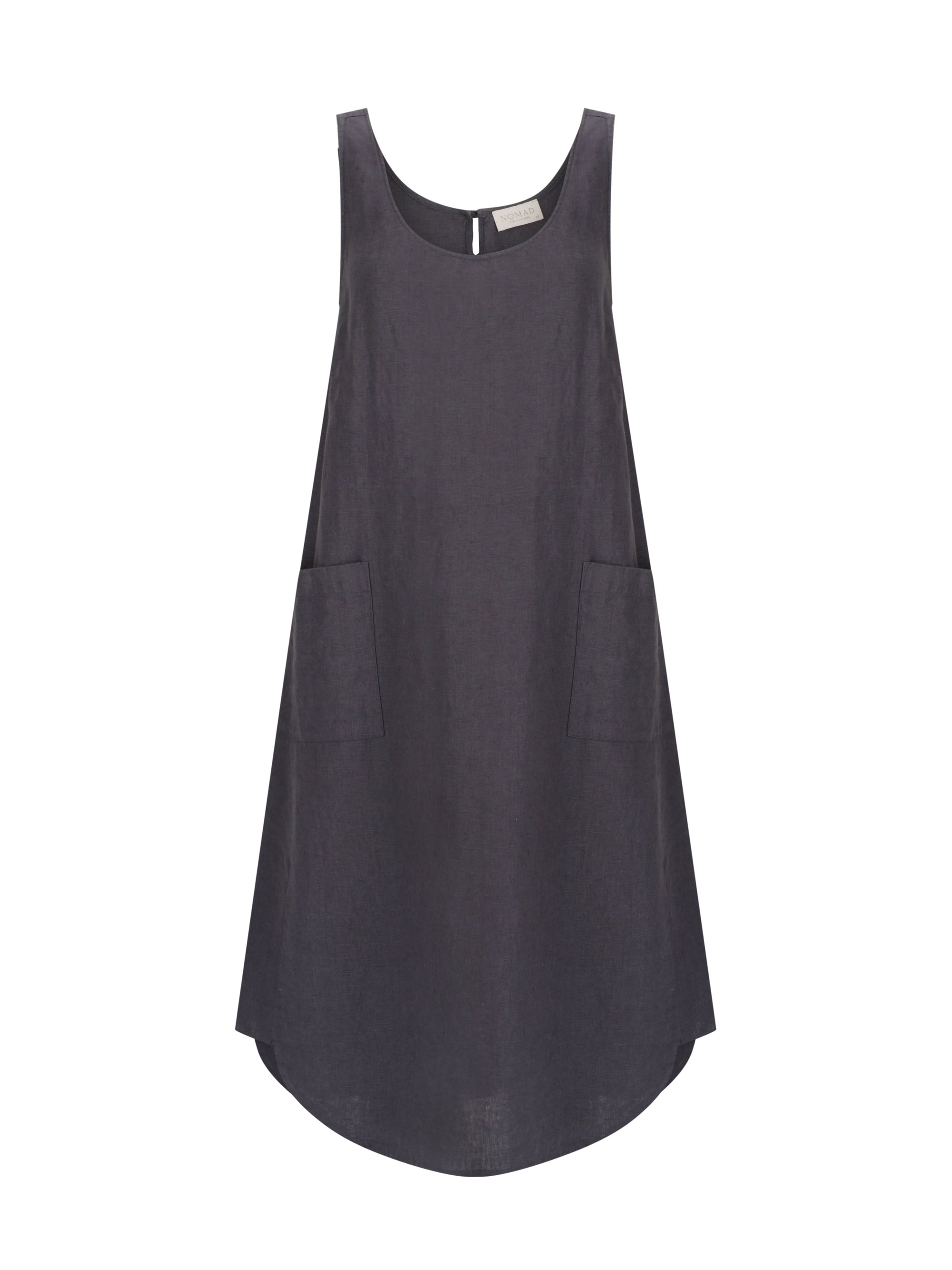 Dark sleeveless dress with pockets on a white background