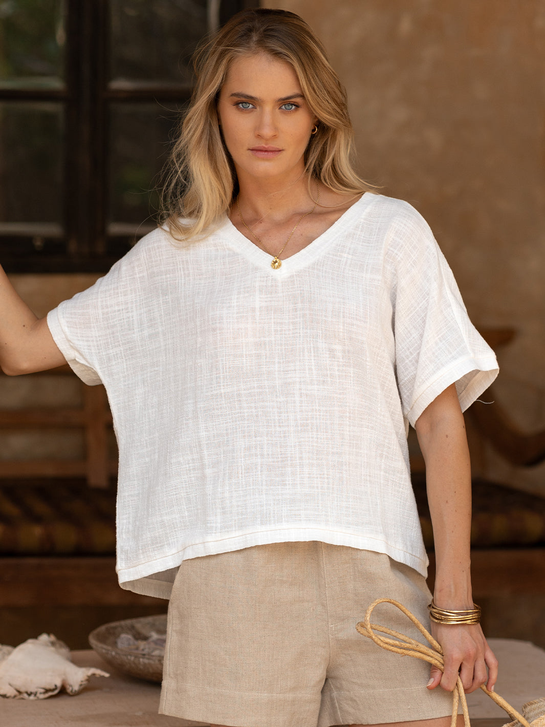 Model wears Montego Cotton Top in White