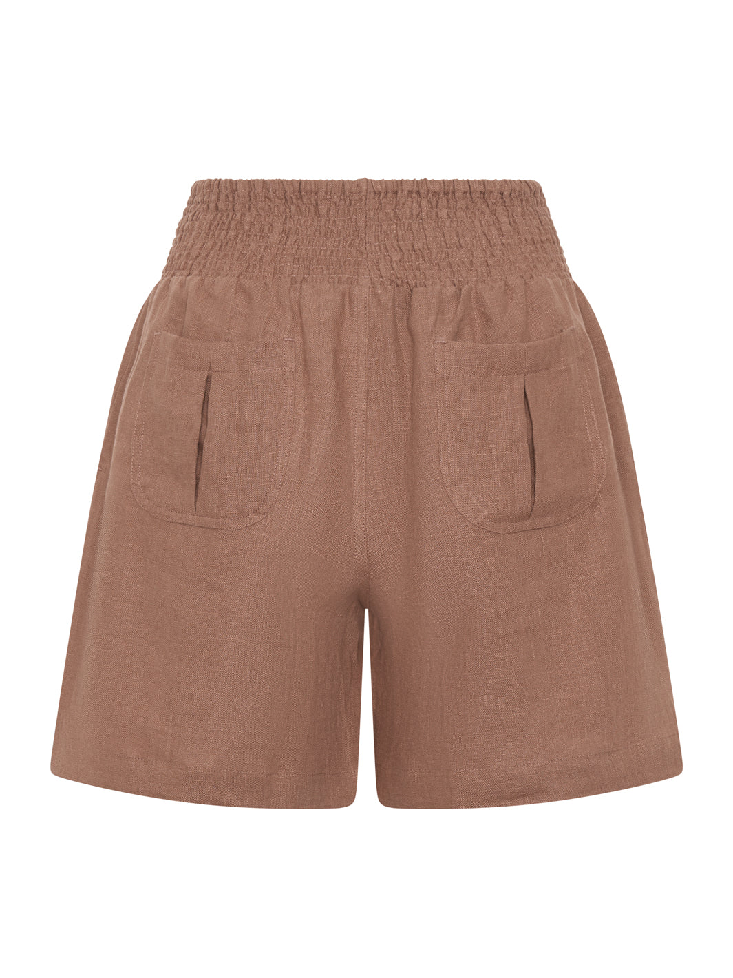 Brown shorts with a elastic waistband on a white background