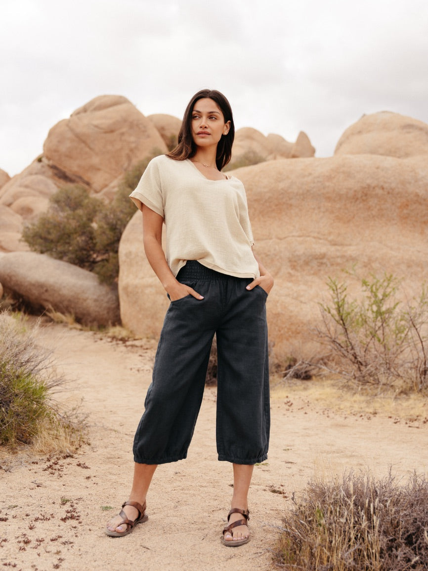 Model wearing Marrakech Linen Pants Charcoal