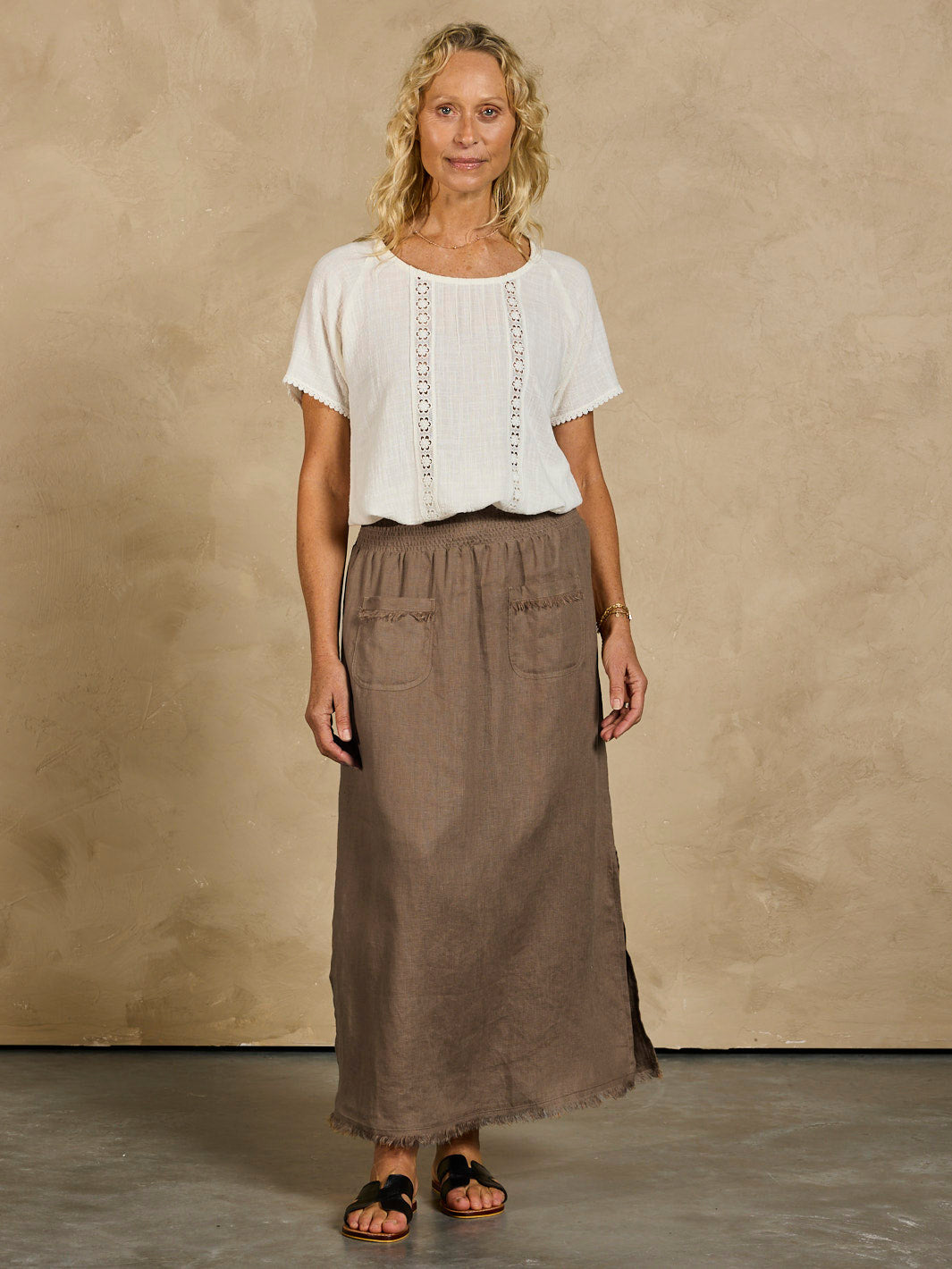 Women wearing Aurora French Linen Skirt Cinnamon