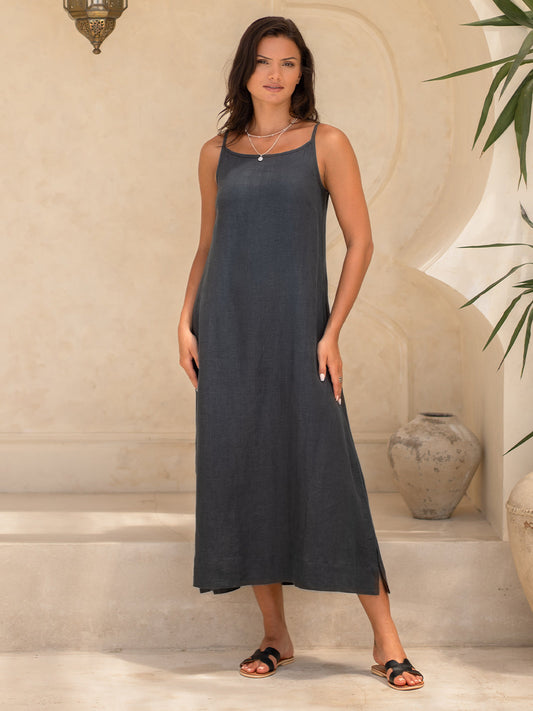 Model wears Peony Linen Dress in Charcoal
