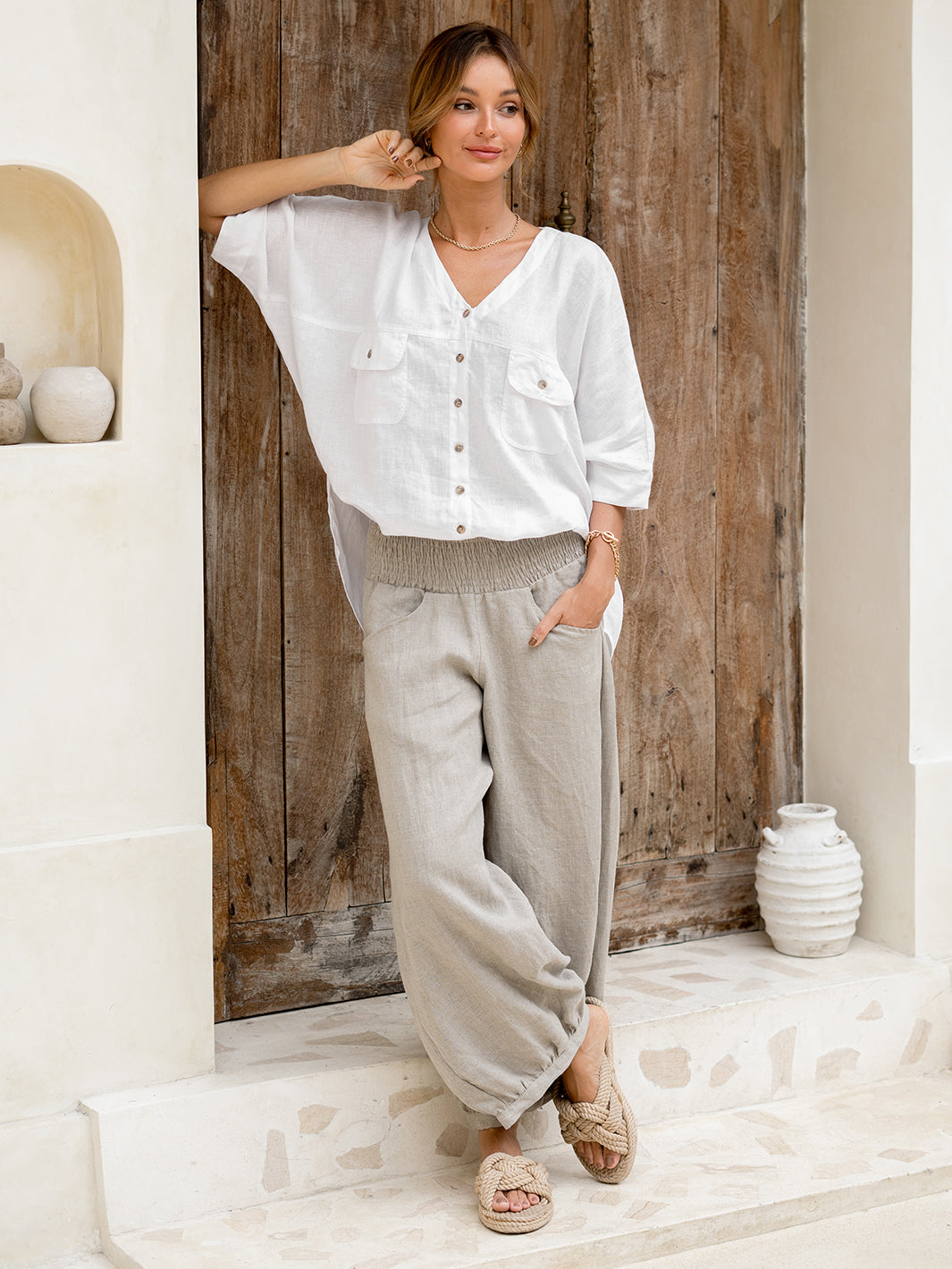 Model wears Sadhu French Linen Pants Regular in Flax