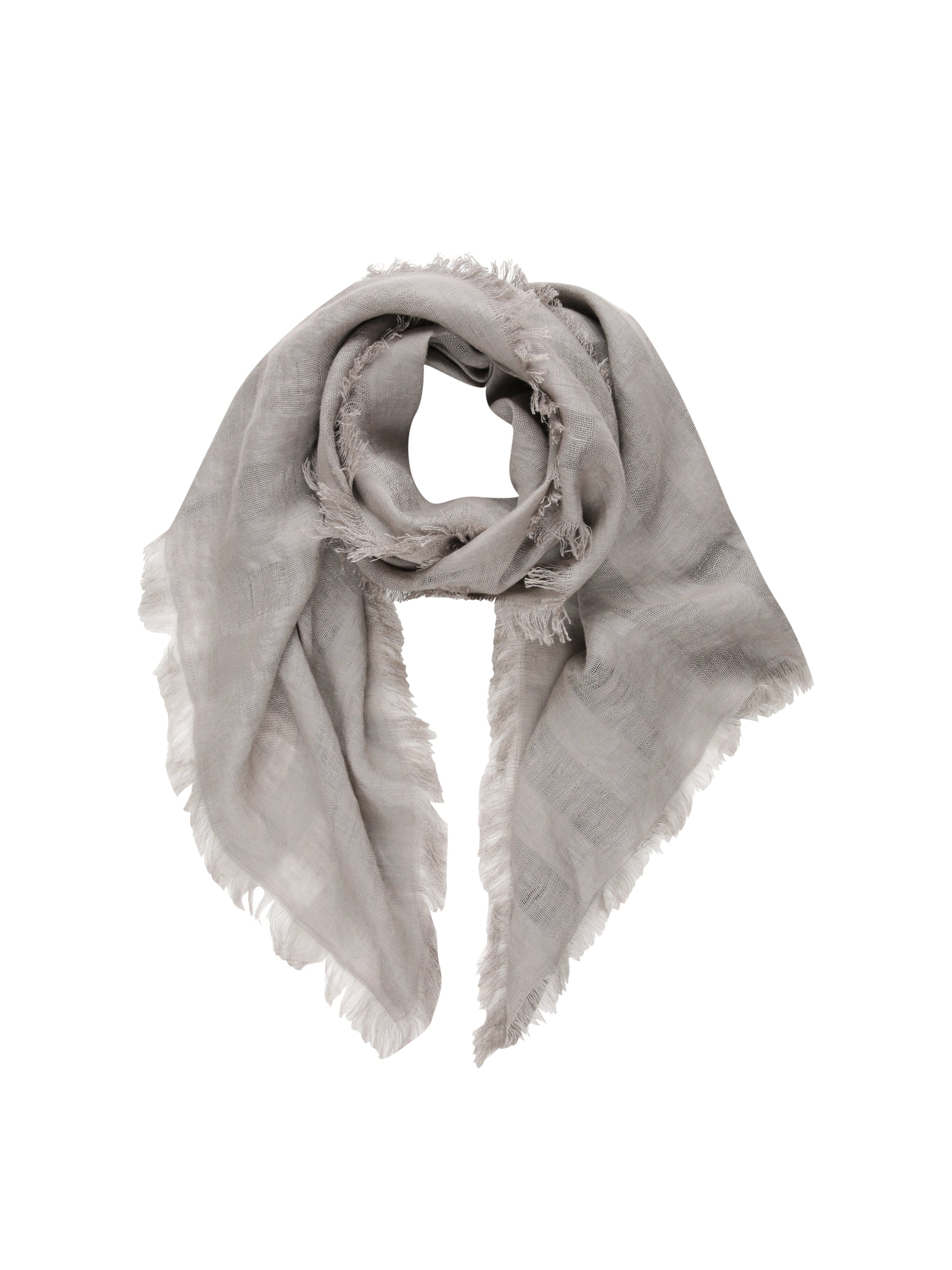 Light gray scarf with frayed edges on a white background