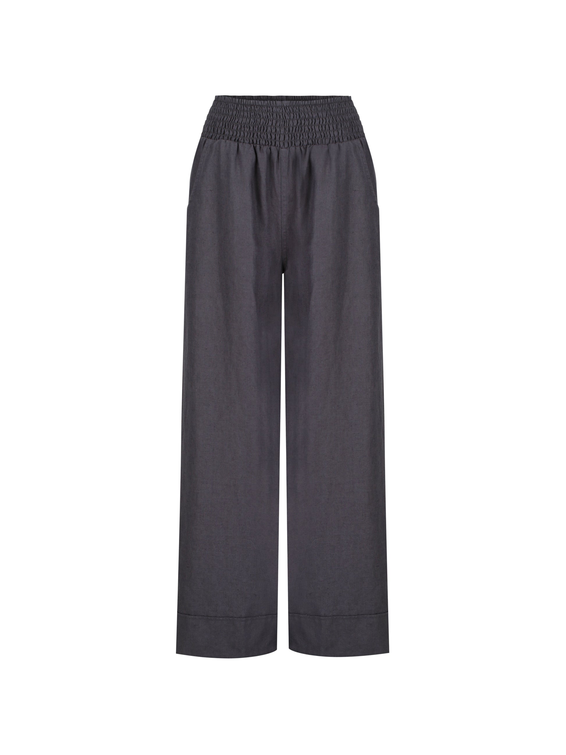 Dark wide-leg pants on a white background