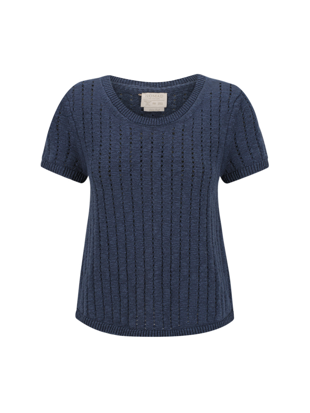 Agni Cotton Linen Knit Top in navy shown flat, with fine pointelle stitching, ribbed neckline and short sleeves.