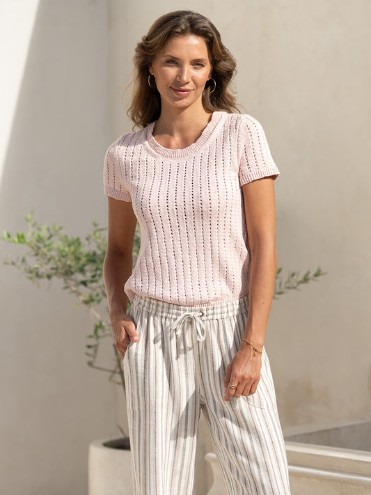 Close view of the Jolie Linen Blend Trousers in driftwood, showing the drawstring waist and striped weave.
