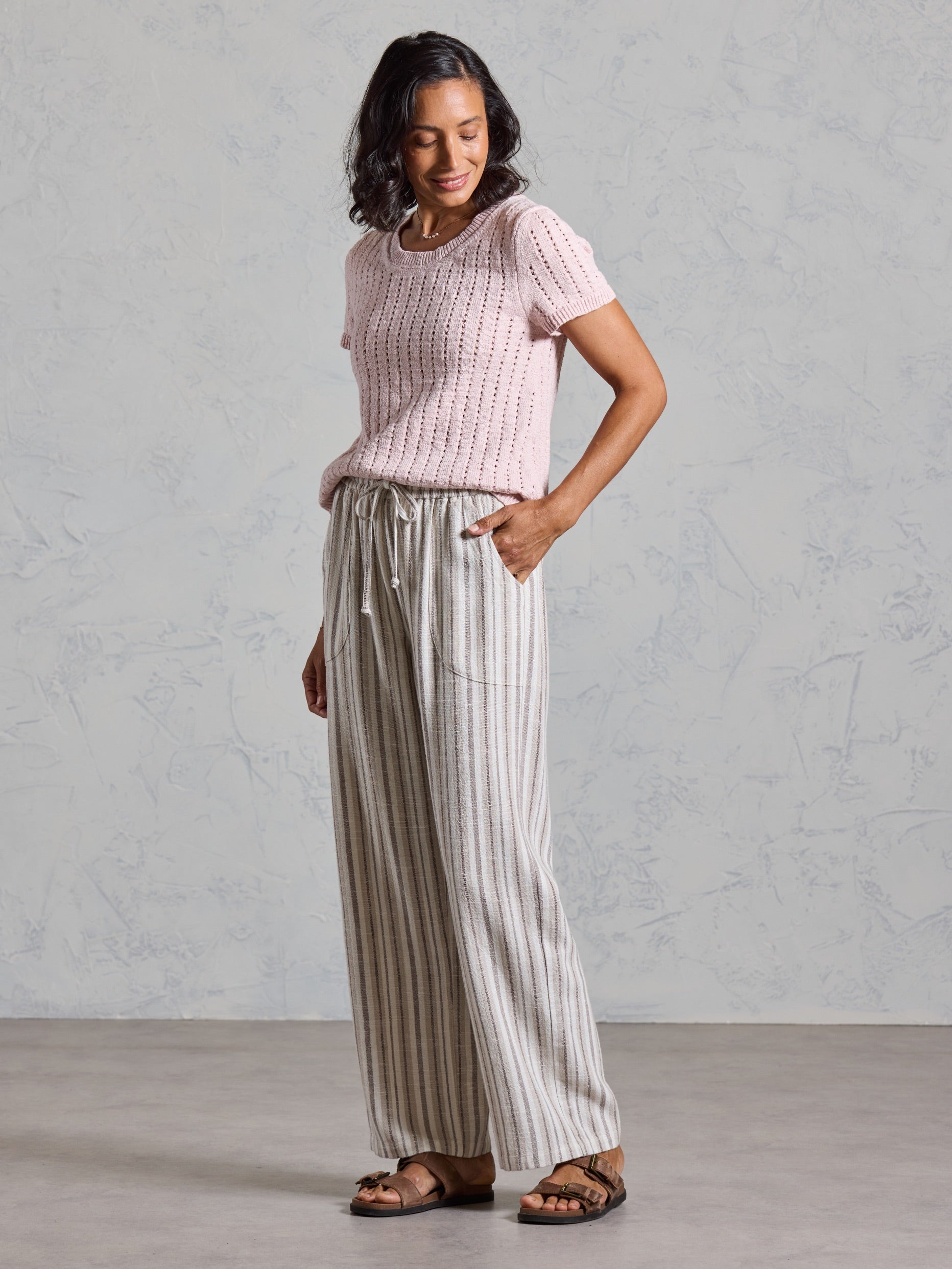 Side detail of the Jolie Linen Blend Trousers in driftwood, showing the drawstring waist and front pockets.