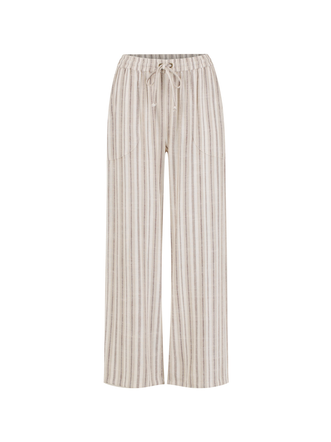 Jolie Linen Blend Trousers in driftwood shown flat, with drawstring waist, front pockets and wide leg cut.