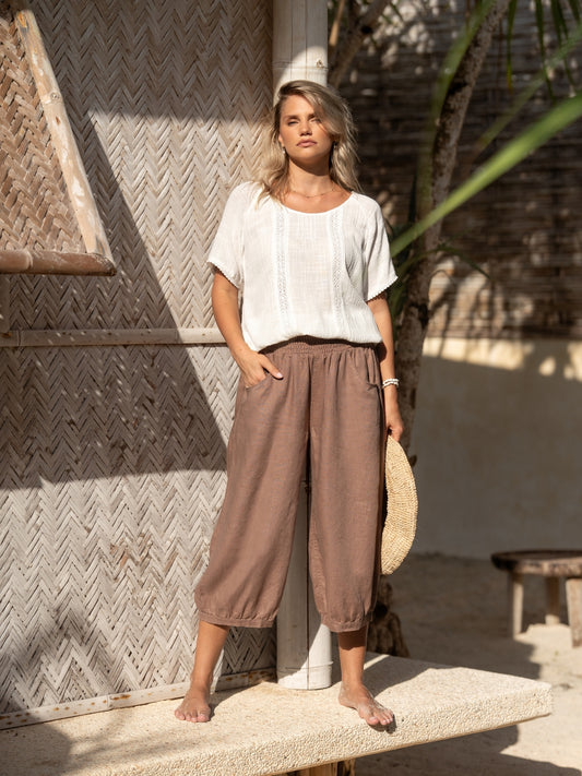 Marrakech French Linen Cropped Trousers Cinnamon