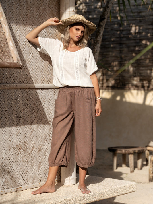 Marrakech French Linen Cropped Trousers Cinnamon