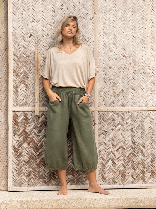 Marrakech French Linen Cropped Trousers Olive