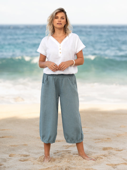 Marrakech French Linen Cropped Trousers Tahiti Blue