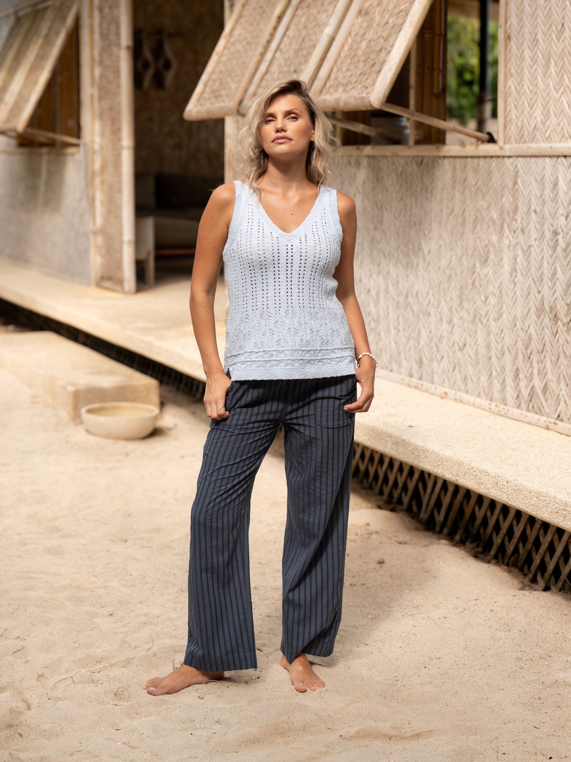 Sandlily Cotton Linen Knit Top Serene Blue